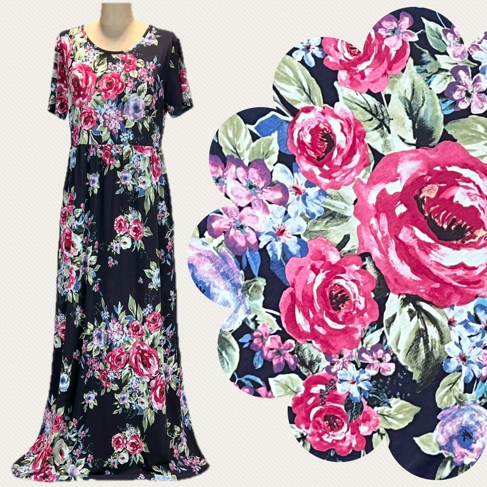 Rose bouquet long maxi dress short sleeve Victorian blue floral flower stretchy‎